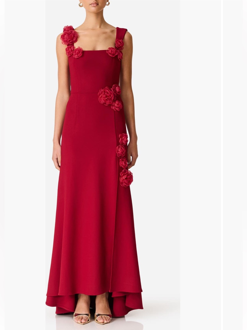 elliatt evanora red wine high low 3d floral applique maxi gown dress medium NEW